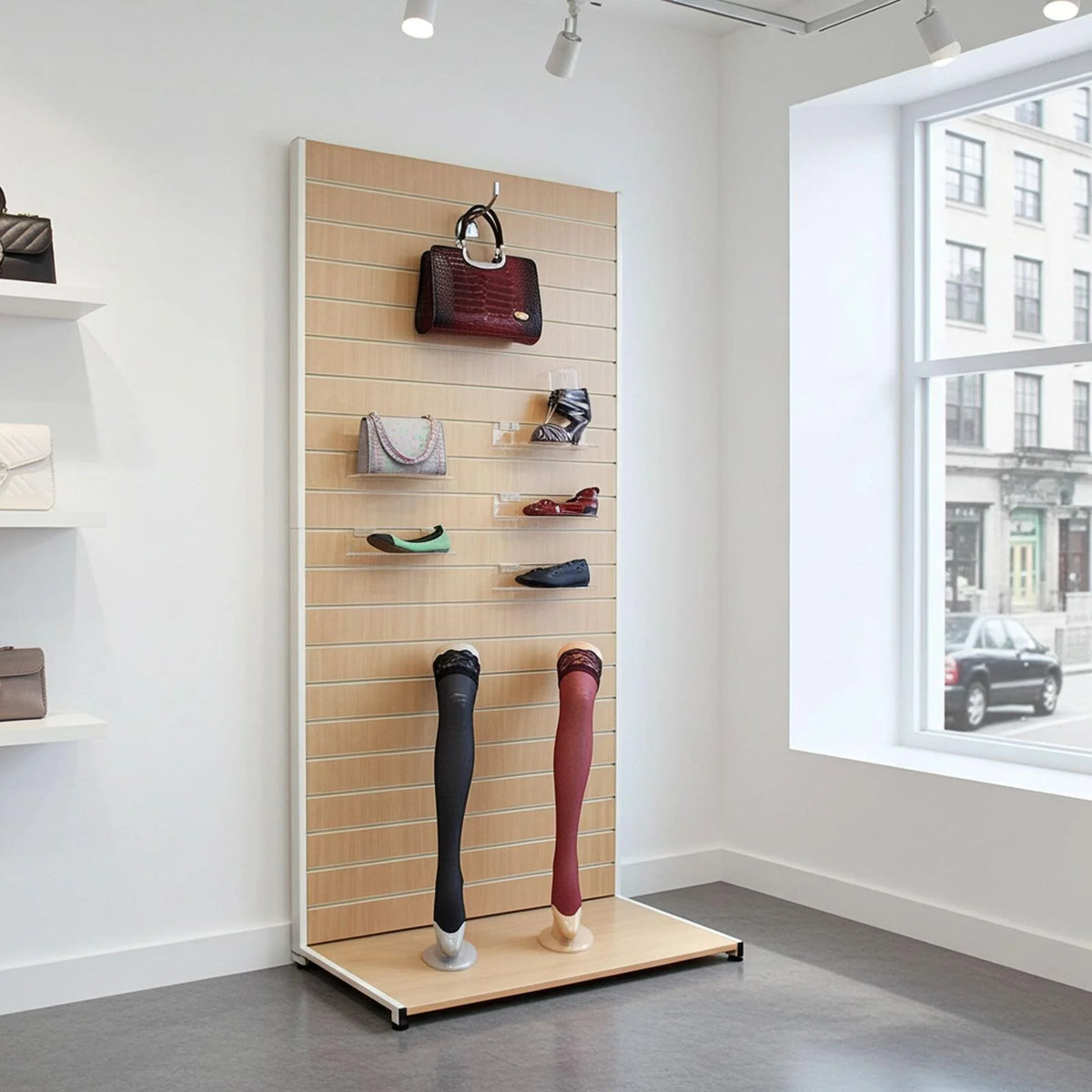 Beech slat wall display stand with a white metal frame, stood against al wall, with shoes, handbags on hooks and shelves.