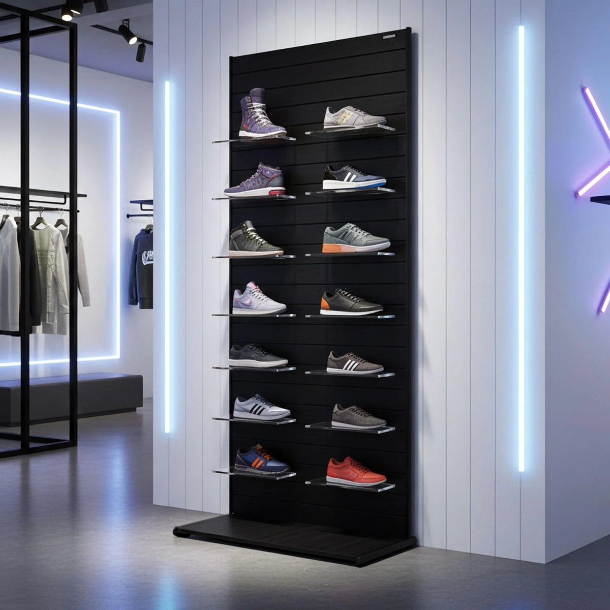 Black slat wall display stand with running shoes on shelves, stood against a white slatted wall.