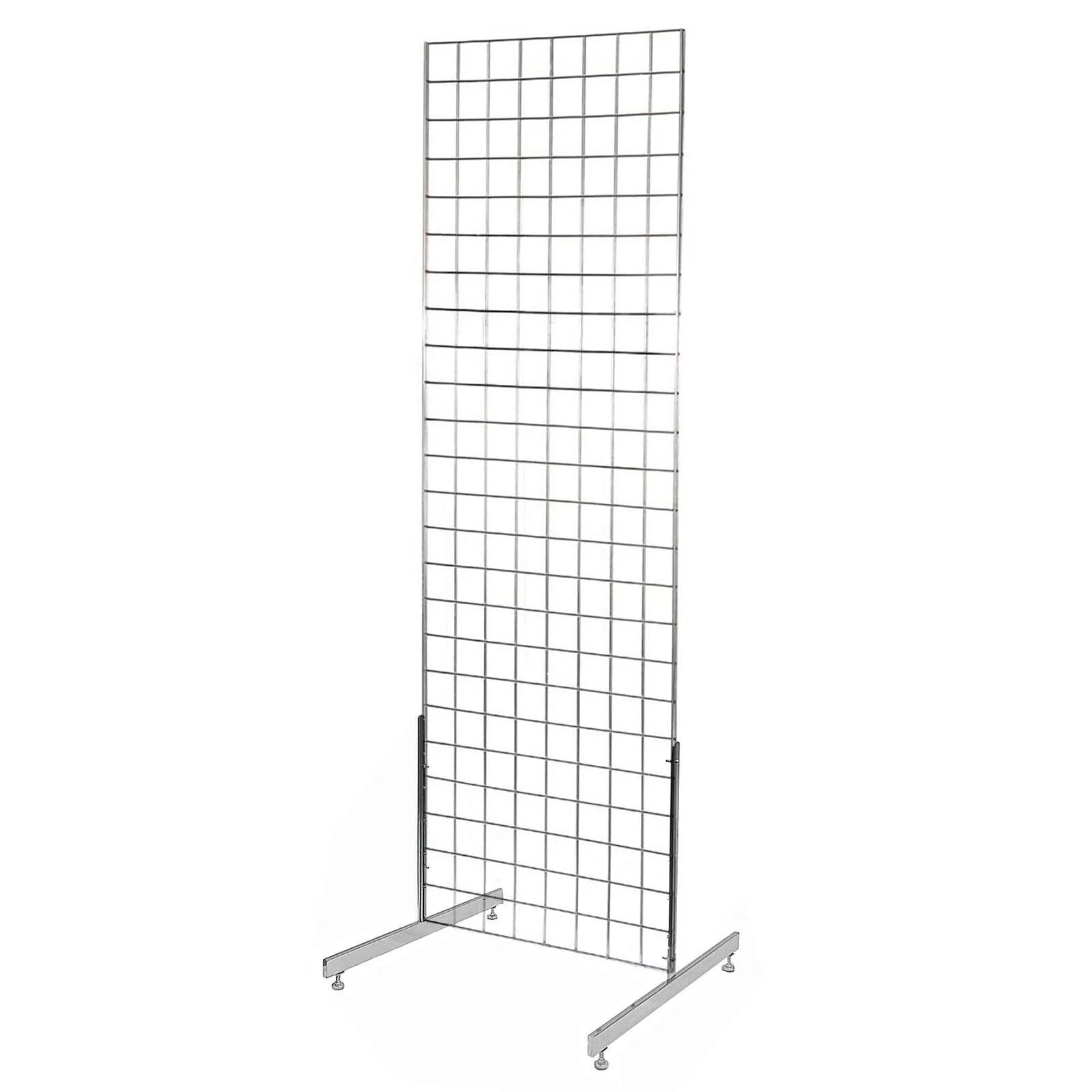 A silver metal wire grid display stand with a rectangular grid pattern on a base, shown against a plain white background.