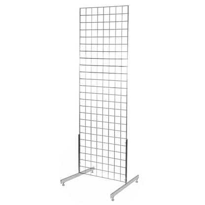 A silver metal wire grid display stand with a rectangular grid pattern on a base, shown against a plain white background.