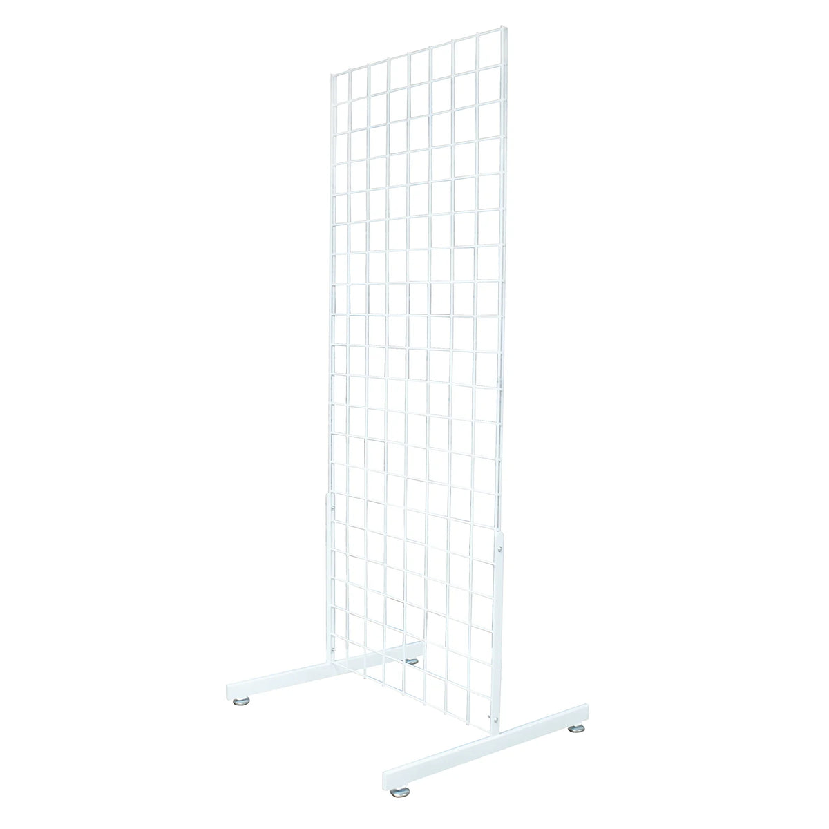 A white metal grid display stand with a rectangular wire mesh panel mounted on a base, shown against a plain white background.