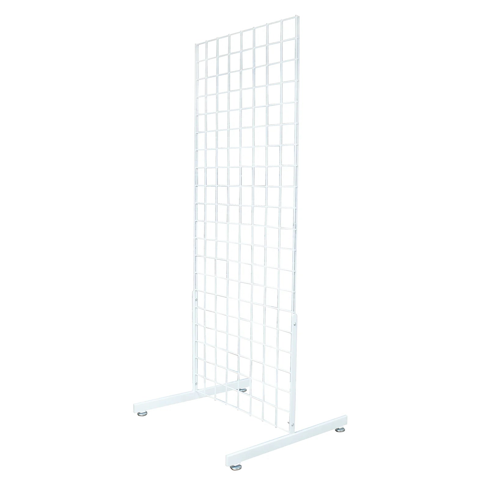 A white metal grid display stand with a rectangular wire mesh panel mounted on a base, shown against a plain white background.