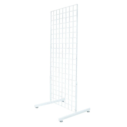 A white metal grid display stand with a rectangular wire mesh panel mounted on a base, shown against a plain white background.