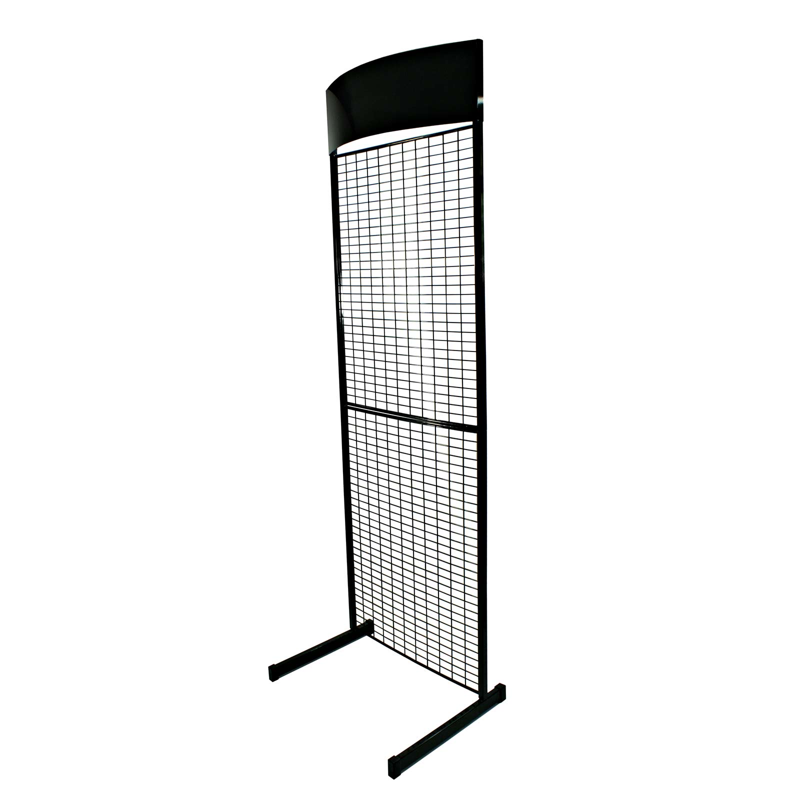 Black metal mesh display stand on a white background