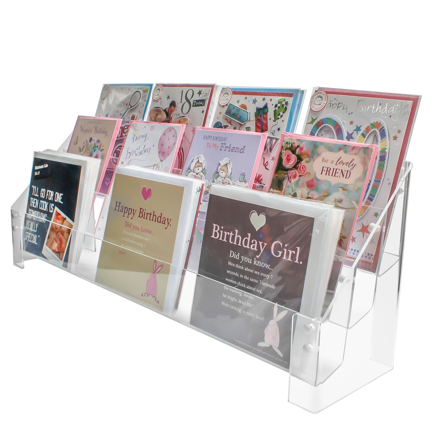 ACRYLIC 3 TIER GREETING CARD MERCHANDISER WITHOUT HEADER FOR COUNTER, SLAT & GRID WALL
