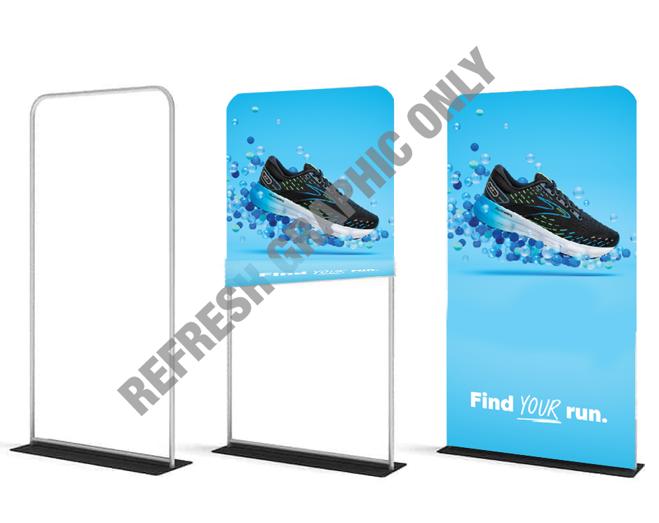 Tension fabric display with running shoes and 'Find Your Run' text on a white background