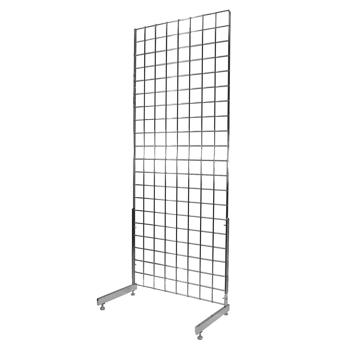 A silver metal wire grid display stand with a rectangular frame and base feet, shown on a plain white background.