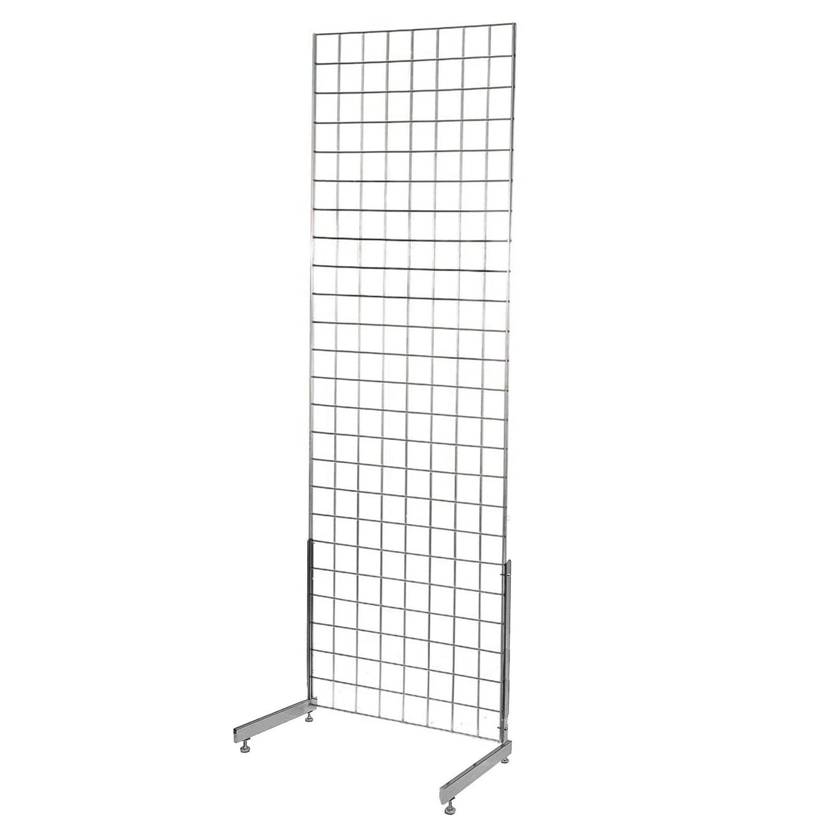 A silver metal wire grid display stand on a solid white background.