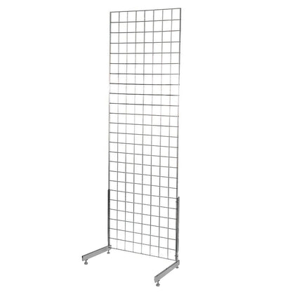 A silver metal wire grid display stand on a solid white background.