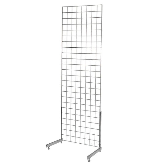A silver metal wire grid display stand on a solid white background.