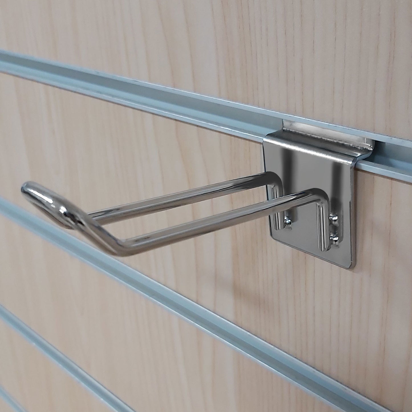 SLATWALL HOOK DOUBLE PRONGED CHROME 100MM