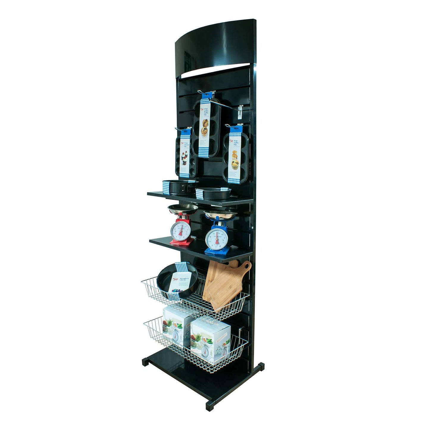 METAL SLATWALL DISPLAY STAND WITH BOWED HEADER