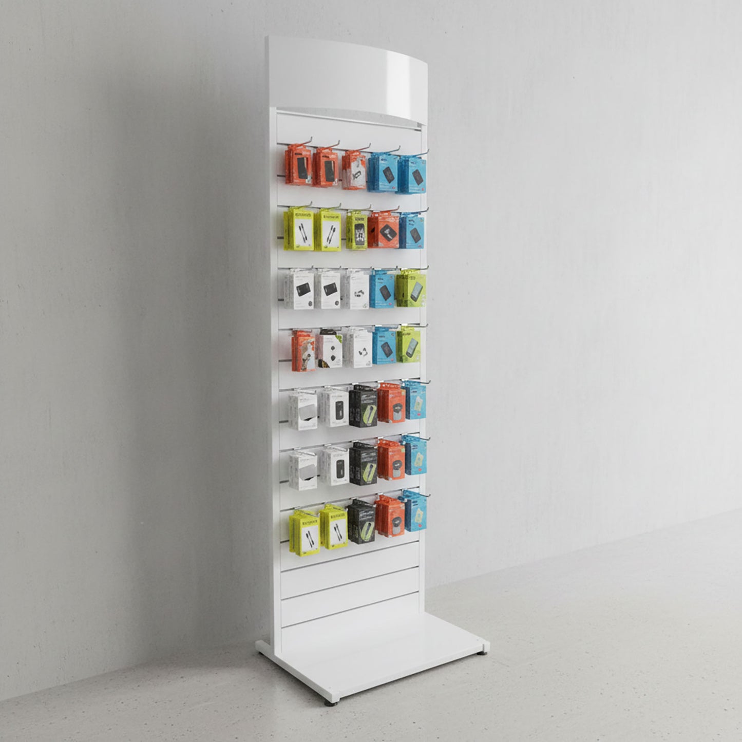 METAL SLATWALL DISPLAY STAND WITH BOWED HEADER