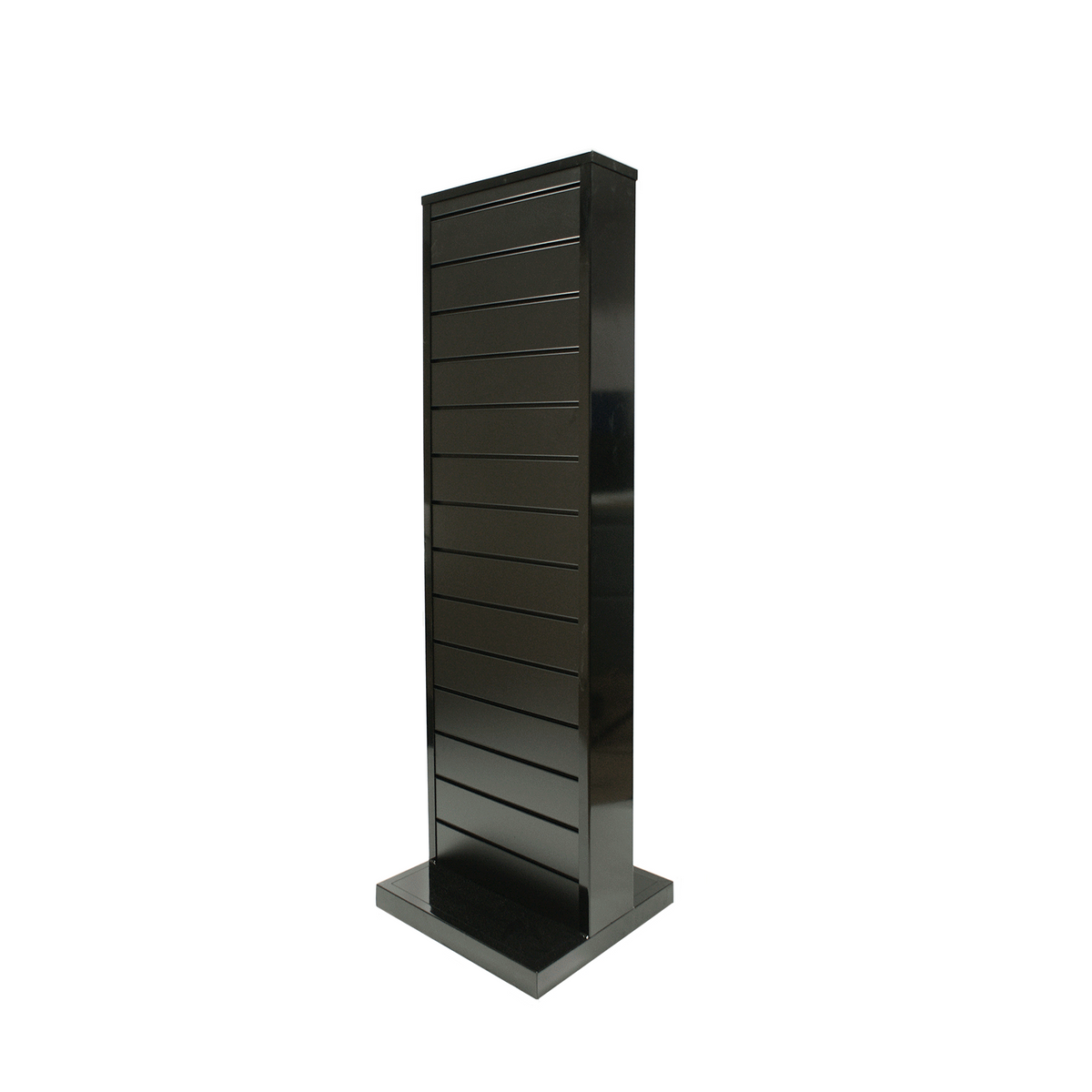 Black vertical slatwall display stand on a white background