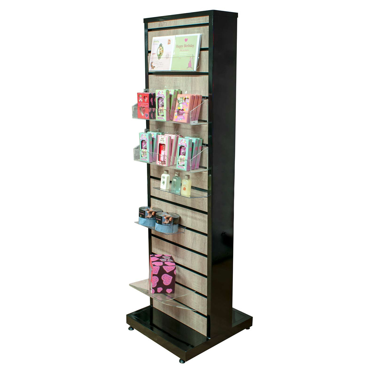 Oak Effect Slatwall Display Stand  with multiple acrylic shelves  on a white background